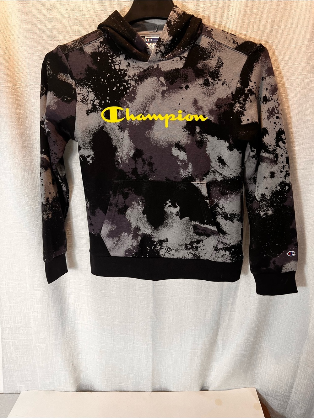 Champion Black & Gray Splatter Hoodie with Yellow Script